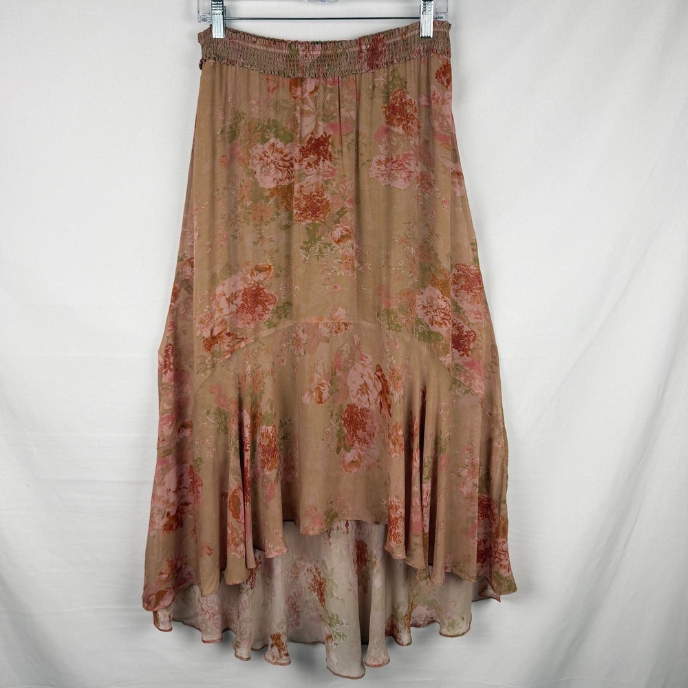 Sundance Floral High Low Smocked Midi Skirt Size L Ruffle Boho Romantic